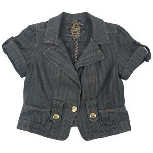 XOXO Y2K Cropped Denim Jacket Short Sleeve Blazer Style Embroidered Dark Wash L